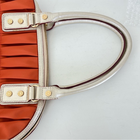 MZ WALLACE Bea Bedford Pleated Orange Nylon Gold Leather Trim Shoulder Bag Tote - Picture 10 of 16